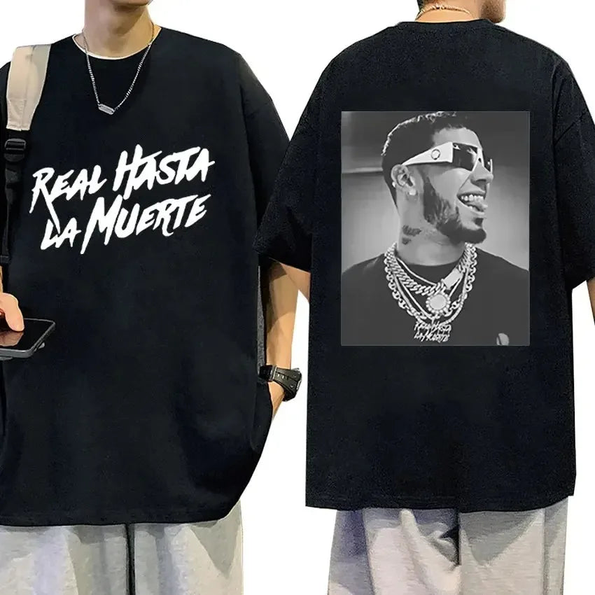 Anuel AA Real Hasta La Muerte Double Sided Printed Large T-Shirt Men'S and Women'S Hip Hop Retro Rap T-Shirt Men'S and Women'S T