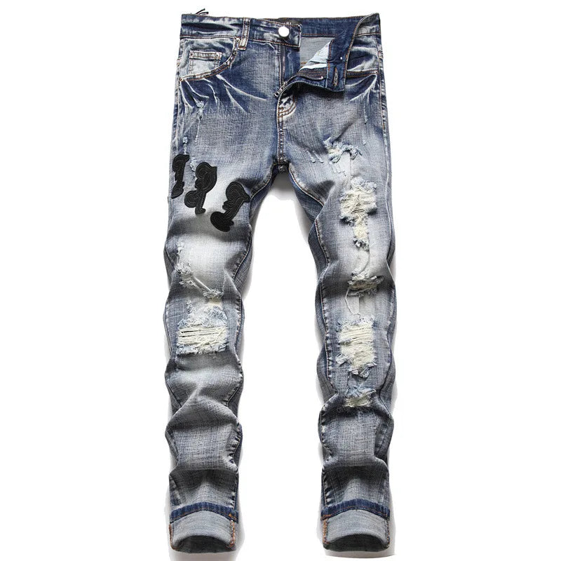 AMI European Men'S Jeans with Distressed Patches, Trendy Elastic Slim Fit Leggings, Versatile Men'S Pants