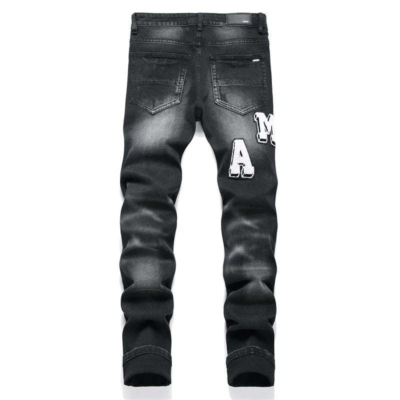 AM European Men'S Retro Black Jeans with Holes, Trendy Elastic Slim Fit Fashion Pants, Versatile Men'S Pants