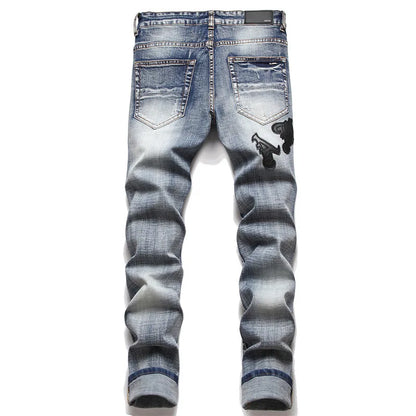 AMI European Men'S Jeans with Distressed Patches, Trendy Elastic Slim Fit Leggings, Versatile Men'S Pants