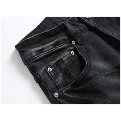 AM European Men'S Retro Black Jeans with Holes, Trendy Elastic Slim Fit Fashion Pants, Versatile Men'S Pants