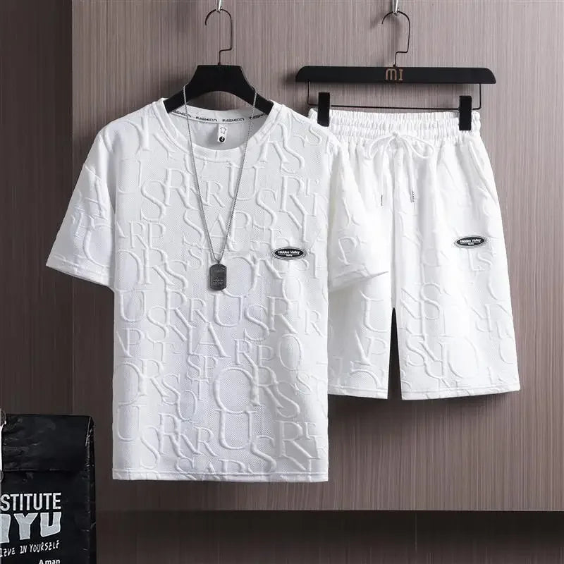 2023 Summer Men Fashion Brand Casual Sports Short Sleeve Shorts One-Piece T-Shirt Clothes Polyester Fabric Loose Style