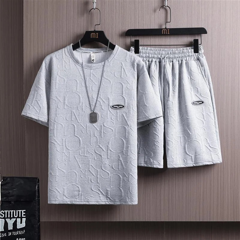 2023 Summer Men Fashion Brand Casual Sports Short Sleeve Shorts One-Piece T-Shirt Clothes Polyester Fabric Loose Style