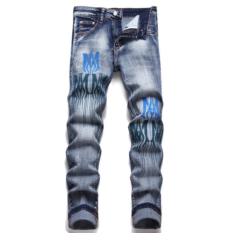 AMI Slim Fit, Elastic, Handmade Full Scan Cotton Stretch Perforated Print, Fashionable Men'S Street Denim