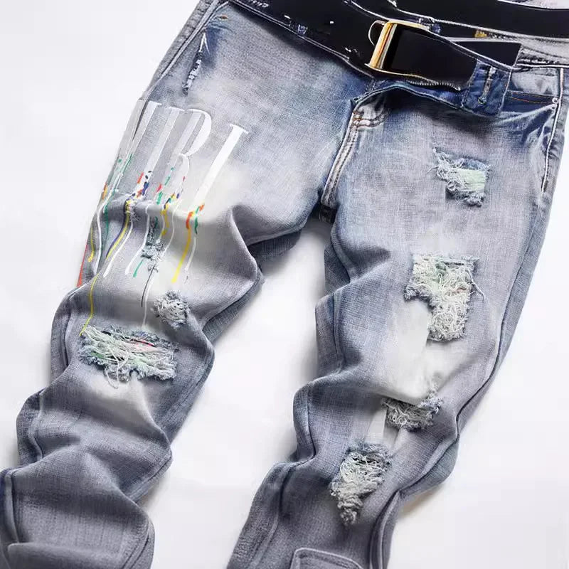 New 2022 Summer Street Men'S Jeans Handmade Ripped Cotton Trousers Youth Fashion Midwaist Casual 3730